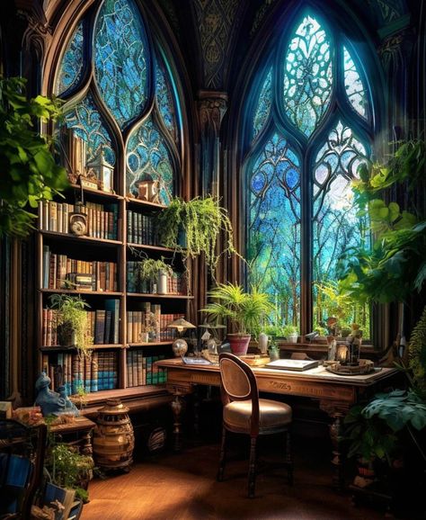 Gothic Plants, Fae World, Relax House, Fantasy Cottage, Architecture Renovation, Library Office, Fantasy Rooms, Library Aesthetic, Fantasy House