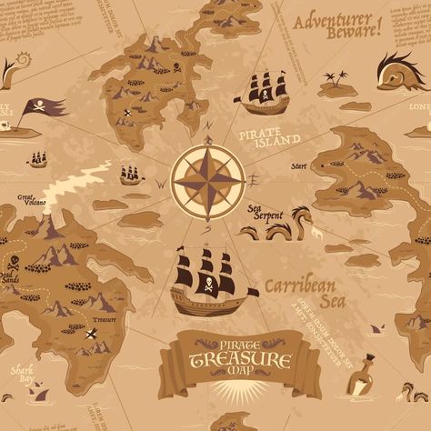 Free Vector | Vintage seamless pattern showing map for treasure search with pirate sailboats and islands Cartoon Island, Carribean Sea, Map Poster Design, Maritime Poster, Sea Vector, Pirate Treasure Maps, Pirate Island, Map Pattern, Pirate Adventure