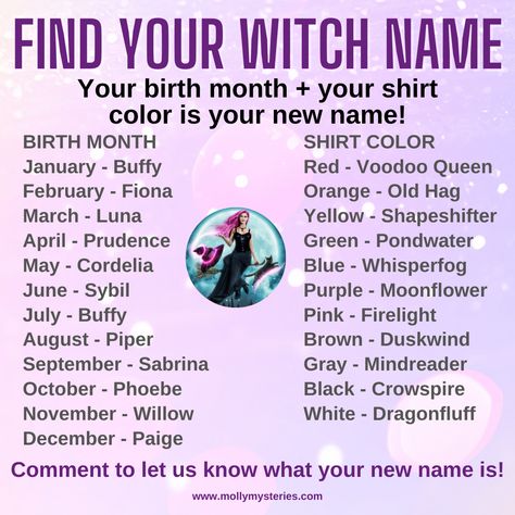 Your birth month + your shirt color is your new name! www.mollymysteries.com Witch Names, Your Birth Month Your, Free Printables Organization, Old Hag, Chest Congestion, Learn Astrology, Male Fitness Models, Book Names, What Is Your Name