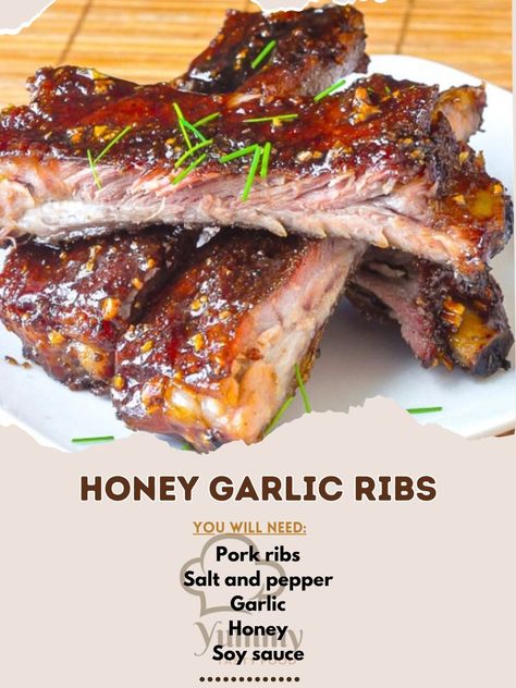 🍯🍖 Sink your teeth into Honey Garlic Ribs! Sweet, sticky, and absolutely mouthwatering! #RibLovers #HoneyGarlic Honey Garlic Ribs Recipe These ribs are glazed in a rich honey garlic sauce, making them a sticky, sweet, and savory delight perfect for any BBQ or dinner. Ingredients: Pork ribs: 1000g Salt and pepper: to taste Garlic, minced: 20g Honey: 120ml Soy sauce: 60ml Ketchup: 60ml Oyster sauce: 30ml Sesame oil: 10ml Water: 60ml Directions: Prep Ribs: Preheat your oven to 160°C (320°F... Garlic Ribs, Honey Ribs, Honey Garlic Ribs, Ribs Easy, Sticky Ribs, Garlic Pork, Sticky Pork, Garlic Honey, Recipes Pork