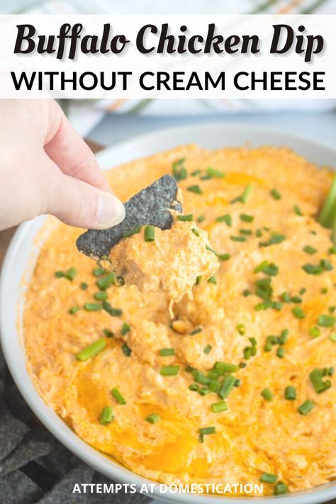 The best recipe for buffalo chicken dip without cream cheese. The dip combines sour cream, buffalo sauce, Ranch dressing, and cheddar cheese. Chicken Dip Without Cream Cheese, Recipe For Buffalo Chicken Dip, Sour Cream Ranch Dressing, Chicken Wing Dip, Buffalo Dip, Buffalo Chicken Dip Recipe, Chicken Dip, Chicken Dips, The Dip