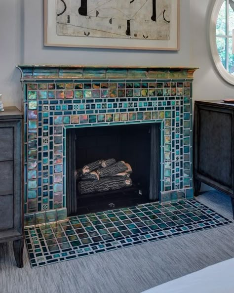 Mosaic Tile Fireplace, Mosaic Fireplace, Craftsman Fireplace, Teal Tile, Craftsman Tile, Pewabic Pottery, Fireplace Fronts, Fireplace Tile Surround, Craftsman Style Home