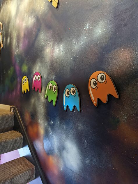 The iconic arcade game characters printed in bold colours on 6mm MDF wood and cut to shape. 15cm wide by 17cm tall. Kawaii, Man Wall Art, Pacman Ghost, Wood Cut, Game Characters, Arcade Game, Pac Man, The Good Old Days, Mdf Wood