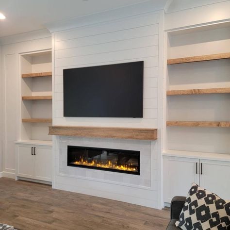 Built-ins & Cabinets — Champagne Taste Design Shiplap With Built Ins, Cabinets And Shelves Next To Fireplace, Built In Tv Wall Unit With Mantle, Recessed Built Ins Around Fireplace, Diy Fireplace Tv Wall With Cabinets, Fireplace With Built In Bookcase, Diy Shelving Around Tv, Built In With Tv And Fireplace, Built In With High Ceiling