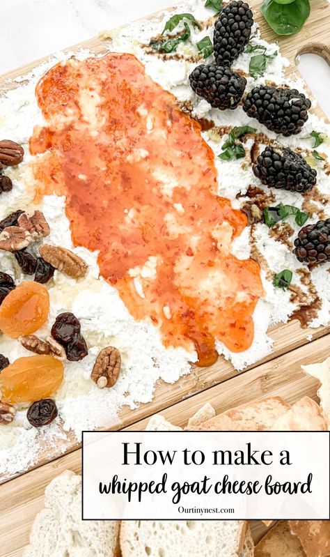 How to make a whipped goat cheese board for your next appetizer for your party. Holiday Goat Cheese Board, Whipped Cheese Board, Whipped Goat Cheese Board, Goat Cheese Butter Board, Goat Cheese Board Ideas, Goat Cheese Board, Whipped Goat Cheese Dip, Butter Boards, Goat Cheese Dip