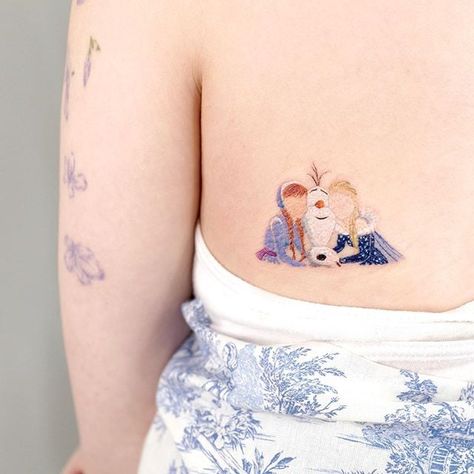 Anna, Elsa, and Olaf Disney Princess Tattoo Ideas, Princess Tattoo Ideas, Princess Tattoos, Frozen Tattoo, Disney Sleeve Tattoos, Elsa And Olaf, Cute Finger Tattoos, Snow Flake Tattoo, Cute Simple Tattoos