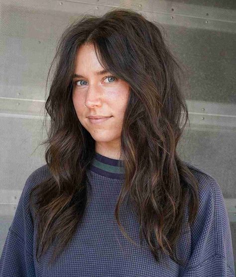 Thick Poofy Hair Haircut, Long Shag With Curtain Bangs, Long Textured Haircut, Layered Shag Haircut, Aesthetic Hairstyle Ideas, Shag Haircut Ideas, Aesthetic Hairstyle, Layered Shag, Curly Shag Haircut