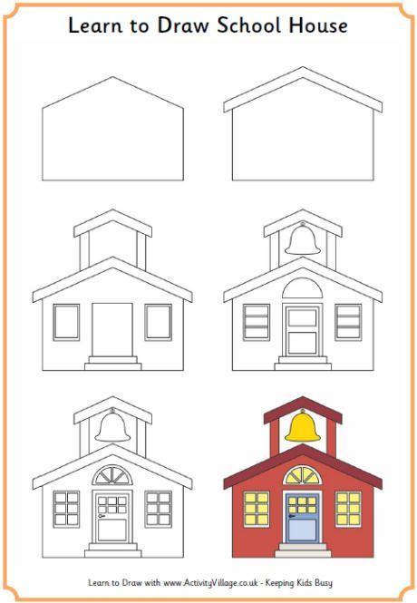 Learn to Draw a School House! How To Draw A School Building, Children Drawing, Drawing Lessons For Kids, Easy Drawings For Kids, School House, House Drawing, School Pictures, Outline Drawings, Learn How To Draw