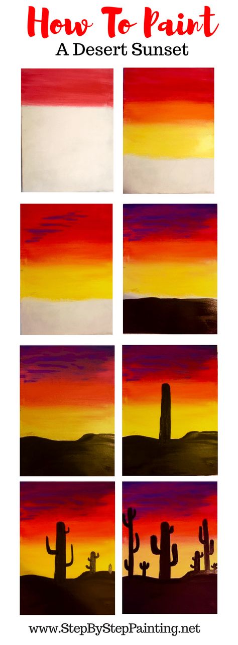 How To Paint A Cactus Silhouette Sunset - Step by Step Acrylic Painting Tutorial Tela, Chalk Sunflower, Paint A Cactus, Sunset Tutorial, Acrylic Cactus, Painting Silhouette, How To Make Canvas, Cactus Silhouette, Silhouette Sunset