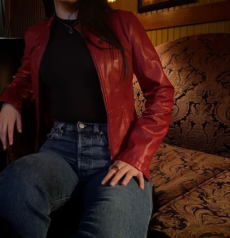 Midnights Outfit Aesthetic, Red And Black Outfits For Women Casual, Red Fits Aesthetic, Autumn Outfits Red Leather Jacket, Bg3 Outfits, Dark Red Leather Jacket Outfit, Red Top Outfit Aesthetic, Cherry Red Leather Jacket Outfit, Vampy Outfit