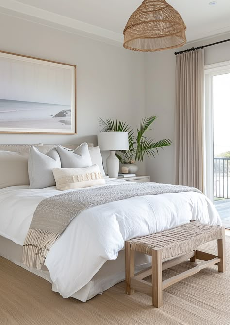 Ever dreamed of waking up by the sea? 🌊 Discover 29 soothing coastal bedroom ideas that will bring the calming vibes of the ocean into your home. From tranquil blues to natural textures, get inspired to create your perfect seaside sanctuary. Dive into these dreamy designs now! #CoastalLiving #BedroomInspiration #BeachDecor #HomeStyle #RelaxingSpaces Bedroom Modern Coastal, Florida Decorating Ideas Coastal Style Master Bedrooms, Homely Bedroom Ideas, Natural Look Bedroom Ideas, Airy Coastal Bedroom, Bedroom California Style, Sea Cottage Bedroom, Coastal Bedroom White Furniture, Natural Bedding Ideas Bedrooms