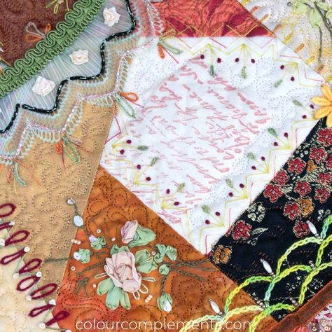 How To Use Lace In Crazy Quilting |Colour Complements Crazy Quilting, Crazy Quilt Tutorials, Quilt Tutorial Video, Crazy Quilt Blocks, Scene Art, Metallic Yarn, Color Complement, Crazy Quilt, Eye Glass