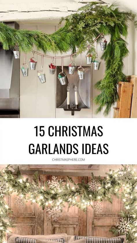 the best selection of Christmas garlands- unique, handmade, traditional, minimal- we have your Christmas garland decorations covered, Merry Christmas! CHRISTMASPHERE.COM #christmas #christmasgarlands #christmasdecor #christmasdecorations #holidayseason Christmas Garland Ceiling Beam, Decorating Wood Beams For Christmas, Hanging Branch Christmas Decorations, Christmas Window Garland Ideas, Garland On Ceiling Beams, Shower Rail Christmas Garland, Christmas Garland On Ceiling Beams, Christmas Garland Around Windows, Christmas Greenery Garland