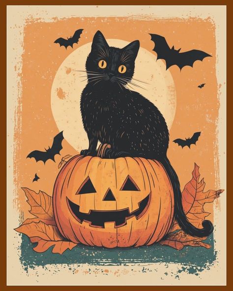 Embrace the spooky spirit of Halloween with this vintage-style poster featuring a striking black cat sitting atop a carved pumpkin. Set against the backdrop of a full moon and fluttering bats, this charming artwork is perfect for adding a classic touch to your Halloween decor. The warm orange tones and playful design make it ideal for party decorations, greeting cards, or seasonal wall art. This high-quality digital download is perfect for creating a striking and eerie atmosphere in your home, office, or party venue. This high-resolution image is perfect for Halloween decor, digital backgrounds, party invitations, and more. Download this macabre masterpiece to add a touch of horror to your seasonal creations. This digital download is perfect for printing at home or through a professional p Poster Prints Halloween, Halloween Poster Vintage, High Quality Poster Prints, Retro Halloween Painting, Digital Art Halloween, Vintage Halloween Postcards, Pumpkin Digital Art, Retro Halloween Poster, Halloween Posters Vintage