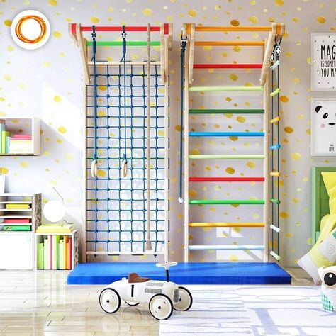 Indoor Playground Small Space, Playroom And Workout Room Combo, Gymnastics Room In House, Diy Indoor Play Gym, Basement Kids Gym, Indoor Gym Ideas, Indoor Jungle Gym Diy, Gross Motor Playroom, Indoor Trampoline Playroom