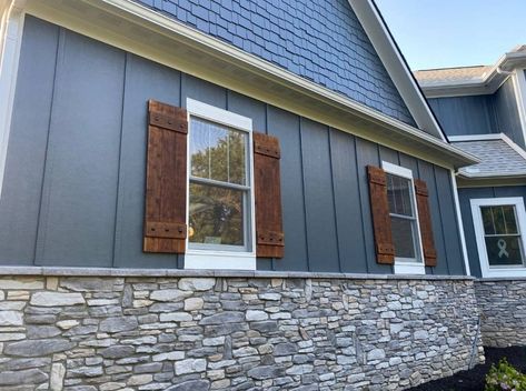 Exterior Cedar Shutters, Exterior Wood Shutters, Wood Shutters Exterior, Barn Door Shutters, Door Shutters, Farmhouse Shutters, Board And Batten Exterior, Outdoor Shutters, Rustic Shutters