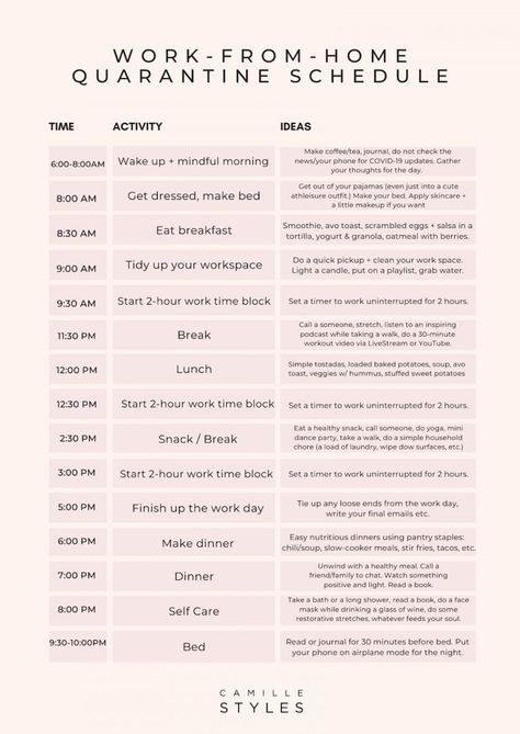 Daily Schedules for Your "Work From Home" and "Kids At Home" Quarantine Time Health Schedule Ideas, Daily Routine For Healthy Lifestyle, How To Write A Daily Schedule, Daily Routine Schedule 4am, Time Management Schedule Daily Routines, Self Routine Daily, Daily Routine Schedule For Women Who Work, Daily Routine Schedule Unemployed, How To Make Daily Routine Schedule