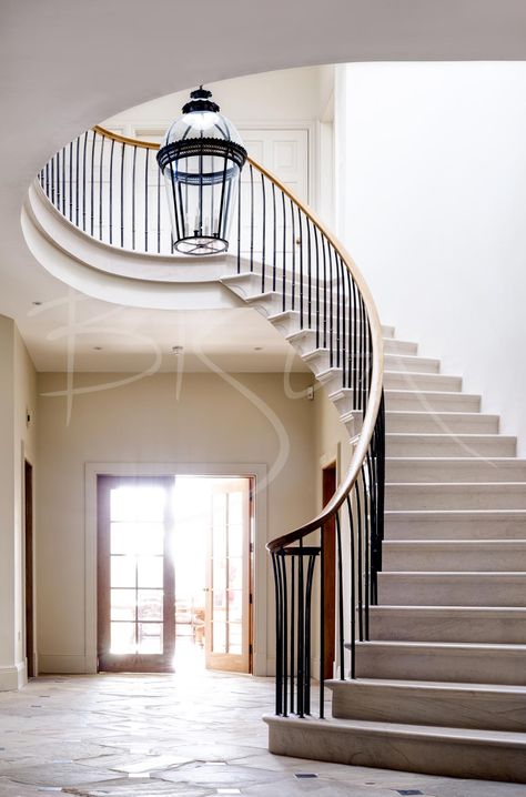 Timber Handrail, Bespoke Staircases, Large Hallway, House Staircase, Entry Stairs, Stone Stairs, Stairway Design, Modern Stairs, Curved Staircase