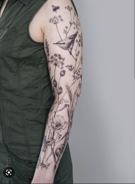 Botanical Tattoo Sleeve, Natur Tattoo Arm, Thumb Tattoos, Quarter Sleeve Tattoos, Christian Sleeve Tattoo, Feminine Tattoo Sleeves, Wildflower Tattoo, Tattoos For Women Half Sleeve, Floral Tattoo Sleeve