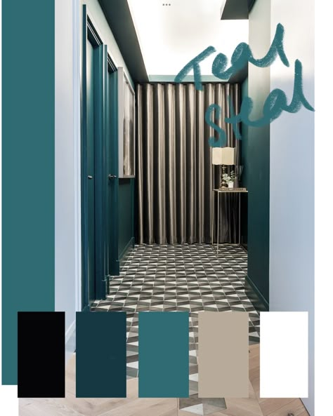 Dark Teal Hallway Ideas, Petrol Color Combination, Teal Salon Decor, Teal And Grey Office, Petrol Palette, Dark Teal Color Combinations, Teal Gray Color Palette, Teal Hallway Ideas, Wall Paint Office