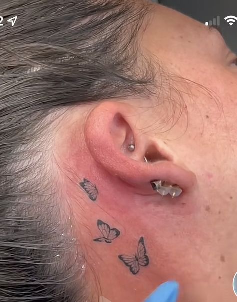 Small Butterfly Behind The Ear Tattoo, Ear Tattoos, Moth Tattoo, The Ear, Tattoo Inspo, Ear Tattoo, Behind Ear Tattoo, Small Tattoos, Moth