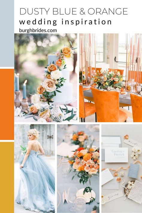 Dusty Blue & Orange Wedding Inspiration. For more wedding color ideas, visit burghbrides.com! #dustyblueandorangewedding #weddingcolors #weddingcolorpalette #weddingcolorscheme Dusty Blue Orange Wedding Theme, Wedding Color Orange, Dusty Blue And Orange Wedding Theme Table Settings, Dusty Blue And Orange Color Palette, Spring Wedding Colors Orange, Sky Blue And Orange Wedding, Steel Blue And Orange Wedding, Blue And Orange Spring Wedding, Cornflower Blue And Orange Wedding