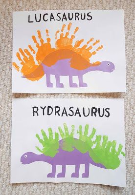 ChemKnits: Luckysaurus and Rowdrasaus - Handprint Dinosaurs Dinosaur Activities Preschool, Footprint Crafts, Baby Art Projects, Toddler Art Projects, Toddler Arts And Crafts, Dinosaur Activities, Dinosaur Crafts, Daycare Activities, Footprint Art