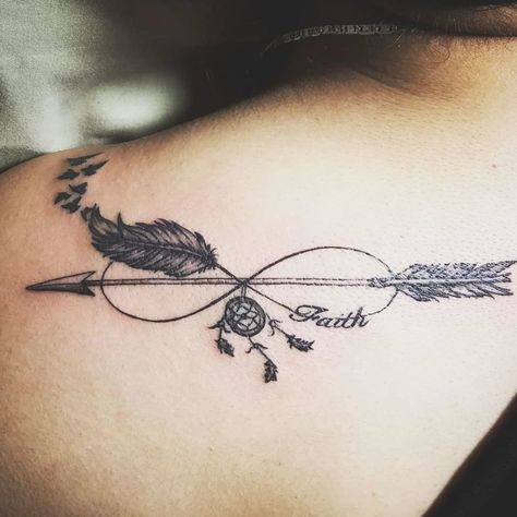 Infinity Arrow Tattoo  |  This arrow has an infinity sign, birds, feathers, a dreamcatcher, and the word 'faith.' It definitely had a more bohemian feel to it. It's very... Arrow Tattoo Meaning, Infinity Arrow Tattoo, Meaning Of Arrow Tattoo, Arrow Tattoos For Women, Small Arrow Tattoos, Infinity Tattoo Designs, Arrow Tattoo Design, Dragon Tattoo For Women, Inspiration Tattoos