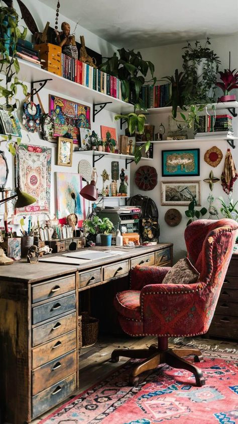 Transform Your Workspace with Boho Charm Artist Office Home Art Studios, Tiny Art Space Ideas, Small Art Spaces At Home, Art Studio Workspaces, Home Office Ideas Plants, Art Studio Layout Ideas, Art Studio Desk Ideas, Artistic Home Office, Office Art Studio Combo