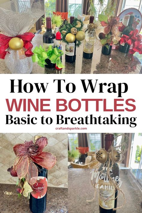 Wine Bottle Gifts Diy, Wine Bottle Accessories, Wine Bottle Christmas Wrapping, How To Gift A Bottle Of Wine, Wrapping Ideas For Bottles, Wine Bottle Gifting Ideas, How To Gift Wine Bottles, Ways To Wrap Wine Bottles For Christmas, Gift Wine Ideas