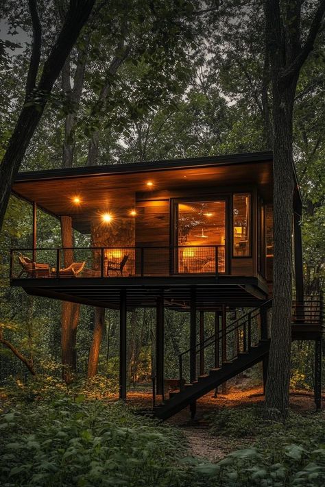 "Elevate your stay with treehouse accommodations! 🌳🏡 Enjoy a unique, eco-friendly retreat nestled among the treetops. Perfect for a whimsical and sustainable getaway. 🌲✨ #TreehouseStay #EcoFriendly #UniqueAccommodations" Tiny Tree House To Live In, Treehouse Glamping, Treehouse Architecture, Luxury Tree Houses, Beautiful Tree Houses, Modern Wooden House, Treehouse Hotel, Treehouse Cabins, Tree House Plans