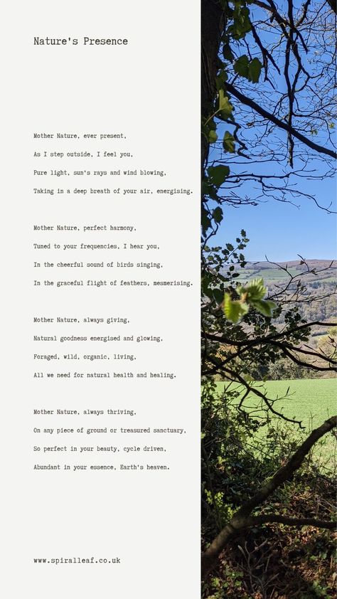 A poem about being closer to nature to experience the beauty, abundance and nourishing healing energy of Mother Nature. Mother Nature Spirituality, Poems About Nature Earth, Poetry About Nature Beauty, Poems About Nature Beauty, Poem About Nature Beauty, Famous English Poems, Mother Earth Poem, Short Poems About Nature, Poem On Nature