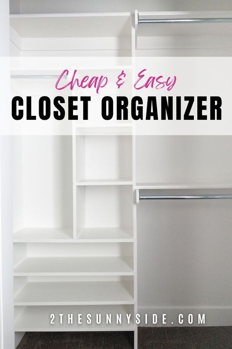 Transform your small closet with our DIY closet makeover guide! Learn how to build inexpensive closet shelves and organizers on a budget. Perfect for small spaces, our plans make it easy to create a functional, cheap and stylish storage system without breaking the bank. Say goodbye to clutter and hello to a beautifully organized closet! The best ideas for a small bedroom closet. Adding Closet Shelves, 3ft Closet Ideas, Organization For Small Bedroom Closet, Cheap Closet System, Standard Bedroom Closet Makeover, Wide Closet Organization Ideas, Small Bedroom Closet Shelving Ideas, Cheap Custom Closet, Narrow Bedroom Closet Ideas