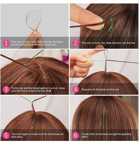 Hair Tinsel For Curly Hair, Diy Tinsel Hair, Tinsel In Curly Hair, Tinsel Hair Ideas, Hair Tinsel Curly Hair, Hair Tensil Black Hair, Embroidery Floss Hair Wrap Tutorials, Hair Tinsel How To Put In, How To Use Hair Sticks Tutorials