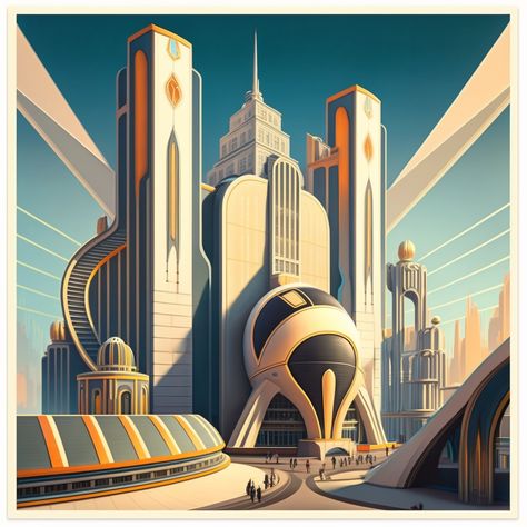 Beautiful sci-fi inspired cityscape courtesy of Midjourney! Art Deco Sci Fi, Organic Interiors, Richard Powers, Poster Competition, Sci Fi Building, Forbidden Planet, Sci Fi Environment, Street Design, Futuristic Art