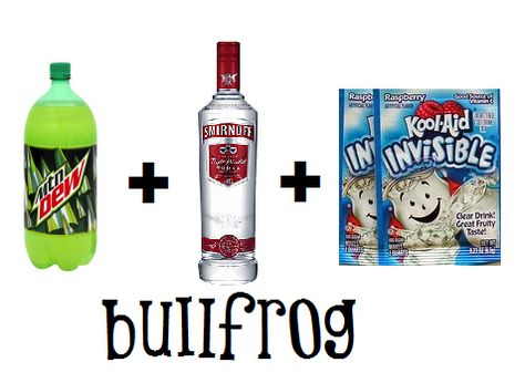 Bullfrog: Take a 2 liter of Mountain Dew and pour it out until it reaches the top of the label. Fill the rest up with vodka. Add 2 packets of invisible Kool- Aid (so it stays bright green) and shake. Serve as is from the bottle. Cheap & easy party drink. Best Party Drinks, Easy Party Drinks, Party Drinks Alcohol, Mixed Drinks Alcohol, Rest Up, Fruit Cocktails, Halloween Drinks, Mountain Dew, Drinks Alcohol Recipes