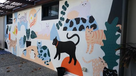 RSPCA Cat Mural — Emily Dolphin Trick Art, Animal Shelter Mural, Vet Mural, Cat Daycare, Cafe Jogja, Cat Mural, House Mural, Pet Store Design, Mural Cafe