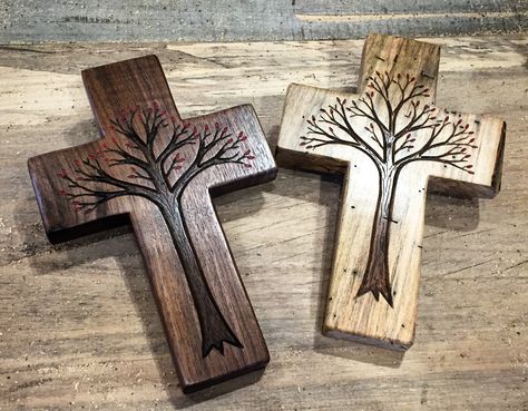 The smallest and cutest Tree of Life crosses I've made yet. Wooden Crosses Diy Rustic, Cross Ideas Wooden, Wood Crosses Ideas Diy, Crosses Diy, Wood Burning Cross Ideas, Cross Crafts Diy, Wood Crosses Ideas, Wooden Crosses Diy, Wood Crosses Diy