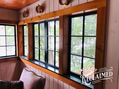 Reclaimed heart pine trim around windows. Cabin Windows Exterior, Pine Window Trim, Wood Trim Windows, Wood Window Trim, White Window Trim, Log Home Interior, Cabin Windows, Pine Trim, Lake House Bedroom