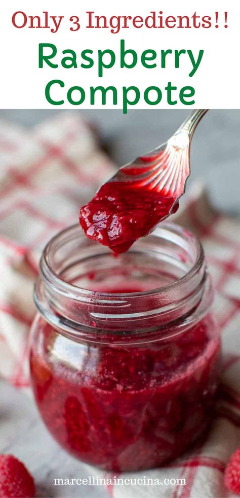 Raspberry Compote is quick and simple to make using just 3 ingredients and less than 15 minutes of your time!! Bursting with sweet tangy flavor, this is perfect sauce to drizzle on cake, ice cream or yoghurt!! #raspberrycompote #raspberrysauce #raspberryrecipes #marcellinaincucina Raspberry Compote Recipe, Pancakes On A Stick, Veggie Desserts, Raspberry Compote, Peach Compote, Pantry Recipes, Compote Recipe, Cinnamon Twists, Cheesecake Toppings