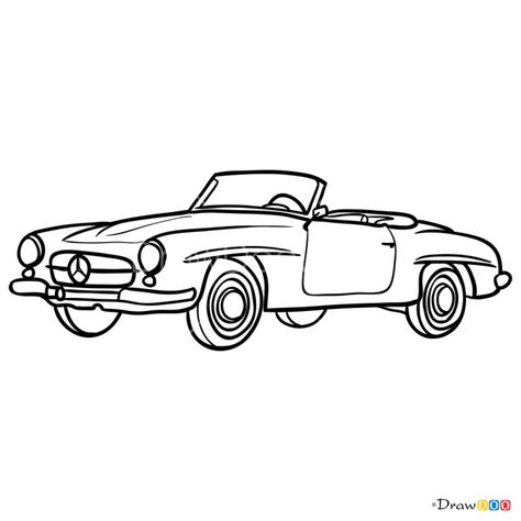 How to Draw Mercedes-Benz 190SL 1961, Retro Cars Vintage Car Drawing Easy, Convertible Car Drawing, Mercedes Benz Tattoo, Old Car Sketch, Old Cars Drawing, Mercedes Benz Drawing, Mercedes Tattoo, Vintage Car Sketch, Old Car Drawing