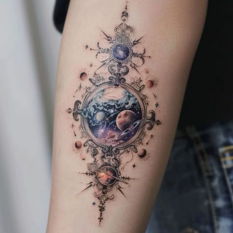 Galaxy Tattoo Design Pack Galaxy Head Tattoo, Color Block Tattoo, Galaxy Tattoo Design, Feminine Moon Tattoo, Vibrant Tattoos, Jewelry Tattoo Designs, Universe Tattoo, Cool Wrist Tattoos, Mommy Tattoos