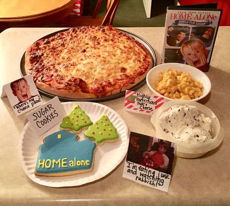 Home alone movie night Family Movie Night Dinner Ideas At Home, Home Alone Night Ideas, Family Movie Night Ideas Food Snacks, Christmas Movie Night Themes, Home Alone Dinner Ideas, Toddler Christmas Movie Night, Home Alone Dinner And A Movie, Home Alone Movie Night Food, Home Alone Movie Night Ideas