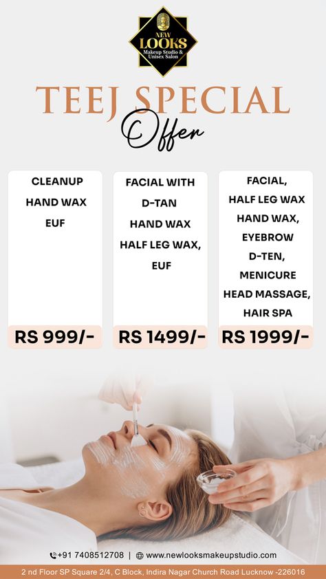 New Looks Salon Salon Offers Poster, Offers Poster, Offer Poster, Salon Offers, D Tan, Beauty Parlour, Business Marketing Plan, Waxed Eyebrows, Hand Wax