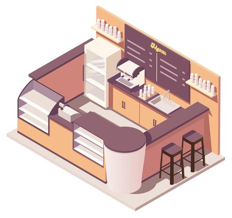 Small Cafe Floor Plan, Cafe Layout Plan, Isometric Coffee Shop, Mini Cafeteria, Cafe Floor Plan, Blackboard Menu, Interior Architecture Sketch, Mini Cafe, Small Coffee Shop