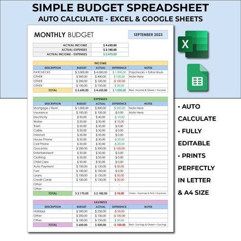 Simplify your financial planning with our Simple Monthly Budget Editable Spreadsheet Template. It's perfect for managing your income, expenses, and savings, catering to both personal and family budgets. Whether you use Excel or Google Sheets, our budget template is designed to streamline your monthly financial tracking. As a comprehensive budget planner, it helps you stay on top of your personal finances with ease. Our budget spreadsheet allows you to create a detailed monthly budget, serving as Budget Excel Spreadsheet, Finance Template, Google Sheets Templates, Budgeting Excel Spreadsheet Templates, Best Excel Budget Template, Personal Finance Excel Sheet, Excel Personal Budget Spreadsheet, Family Budget Spreadsheet, Personal Budget Spreadsheet