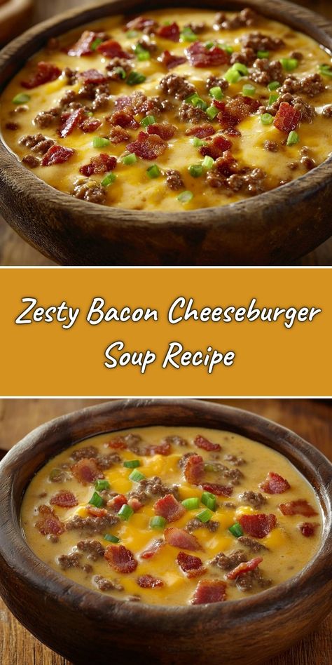 Warm up with my delightful Zesty Bacon Cheeseburger Soup! This creamy and savory soup is packed with ground beef, crispy bacon, and ooey-gooey cheese, making it the perfect comfort food for any occasion. I love serving it with a sprinkle of fresh green onions for that extra zing. Dive in and enjoy a bowl of pure bliss! Bacon Vegetable Soup, Steak And Bacon Recipes, Dinner Recipes With Bacon, Dinner With Bacon, Bacon For Dinner, Recipes With Bacon, Cheeseburger Soup Recipe, Soup Comfort, Bacon Recipes For Dinner