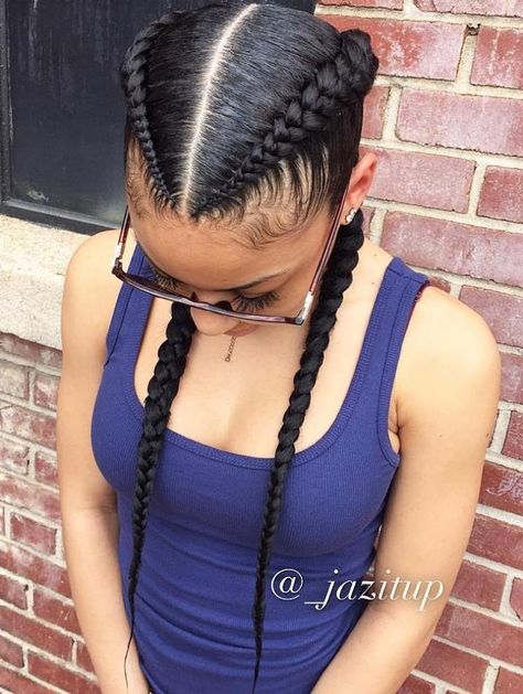 Two Black Feed In Braids Goddess Braids Natural Hair, Boxer Braids Hairstyles, Two Braid Hairstyles, Boxer Braids, Goddess Braids Hairstyles, Feed In Braid, Cool Braid Hairstyles, Two Braids, Afro Puff