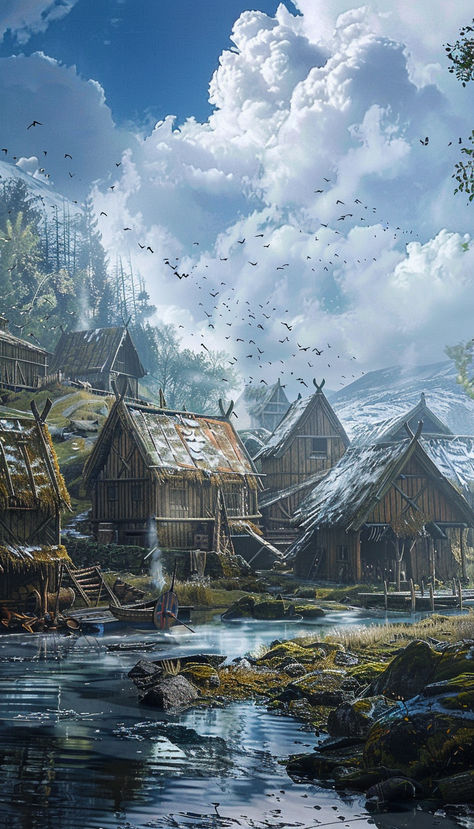 Viking Village Setting Fantasy Viking Village Concept Art, Viking Village Art, Viking Fantasy Aesthetic, Viking Village Concept Art, Fantasy Viking Village, Dark Viking Aesthetic, Viking Fantasy Art, Viking Core, Skyrim Painting