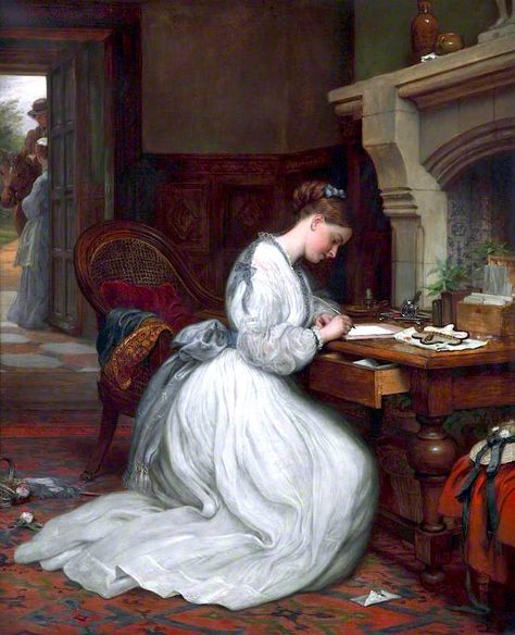 Twelve Victorian Era Tips On The Etiquette Of Ladylike Letter Writing, via Mimi Matthews Art Deco Desk, Victorian Paintings, Walker Art, Historical Painting, Women Writing, Vintage Drawing, English Artists, Mom Stuff, Victorian Women